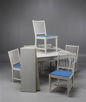 Matsalsgrupp, bord, 6 st stolar samt 3 st iläggsskivor