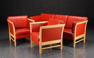 Tre-personers sofa, to lænestole, bøg og læder, Skippers Møbler 3