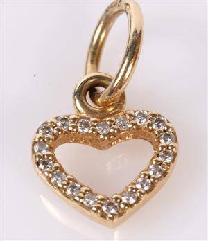 Pandora hjertevedhæng, 14 kt. guld, ca. 0,07 ct.