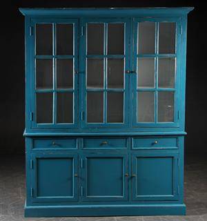 Stort vitrineskab, blå antikbemaling todelt