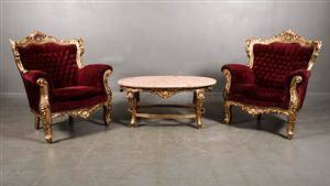 Paret fåtöljer i rokokostil  bord med stenskiva 3