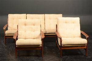 Tre pers. sofa samt par armstole af teak  uld 3