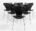 Arne Jacobsen. Sæt på seks stole syveren , model 3107, sort læder 6  