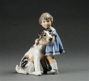 Dahl Jensen. Figur af porcelæn pige med hund nr. 1085 