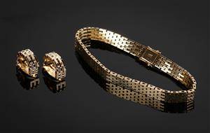 Armbånd samt øreclips af guld 14 kt., Mursten. 3