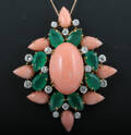 Pendant in 18k with corals, diamonds  emeralds 1.76ct  7.44ct