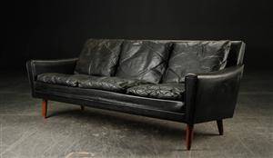 Tre-pers. sofa, sort læder, 1960erne, dansk møbeldesign