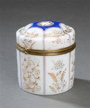 Cynderlinder formet opalineglas dåse med farvet dekoration  