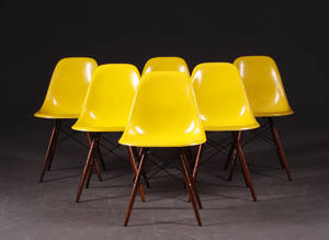 Charles Eames 1907- 1978. Sæt på seks skalstole, gule 6