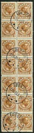 AFA 75 1913. Christian X, 1 Krone, gulbrun. Lodret 14 bløk stemplet LØGSTØR 27.10.1920.