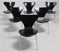 Arne Jacobsen. Sæt på seks stole, model 3107, Syveren 6 