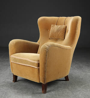 Lænestol, velour, dansk møbelproducent