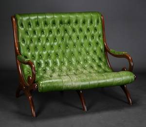 To-pers. settee, mahognibejdset træ og læder