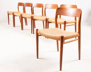 Niels O. Møller, Satz von sechs Esstischstühlen Modell No. 75 in Teak, für J. L. Møller