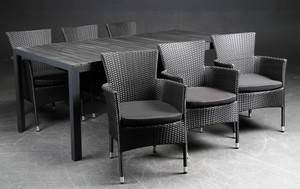 Daneline Havemøbler. Rektangulært artwoodbord, 6 polyrattan armstole 7