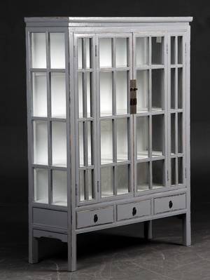 Vitrineskab, grå antikbemaling