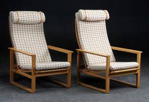 Børge Mogensen, par højrygget lænestole, Slædestole, model 2254, egetræ 2 