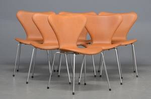 Arne Jacobsen, seks stole, model 3107, Syveren, nybetrukket med cognacfarvet anilin læder 6