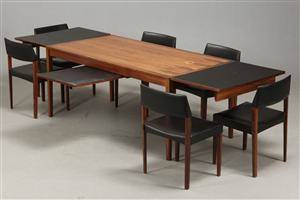 Spisebord af palisander med udtræk og 6 stole. 10