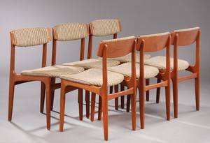 Dansk møbelproducent, seks spisestole, teak, mrk T.S.M.