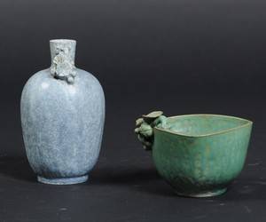 Arne Bang, vase og skål af stentøj. 2 