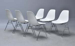 Charles Eames. Sæt på seks skalstole, model DSS. Hvid 6  