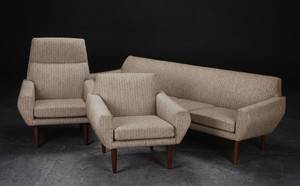 Sofasæt. Fire-pers. sofa samt to lænestole, teak og uld. Dansk møbeldesign 3
