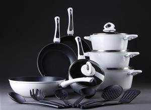 Stort non-stick gryde- og pandesæt med tilbehør, hvid, KEOPS Collection 