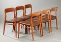 Niels O. Møller. Sæt på seks spisestole, teaktræ, model 75. 6