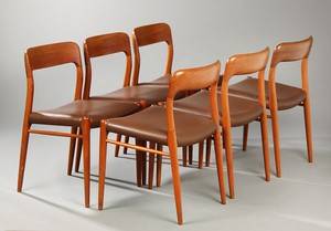 Niels O. Møller. Sæt på seks spisestole, teaktræ, model 75. 6