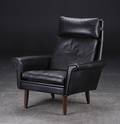 Højrygget lænestol, sort læder, 1960erne, dansk møbeldesign