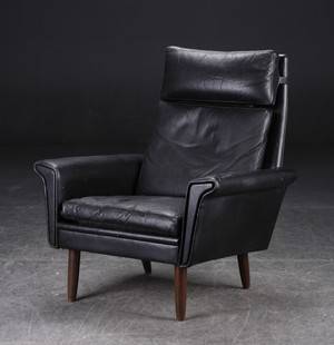 Højrygget lænestol, sort læder, 1960erne, dansk møbeldesign