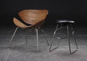 Loungestol samt taburet, stål, læder og træ 2