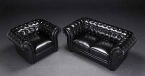 To-per. Chesterfield sofa samt lænestol, sort 2