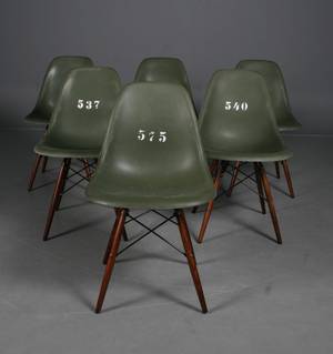 Charles Eames Seks skalstole, model DSW med numre, fremstillet for HM til amerikanske soldater udstationere i Tyskland. 6
