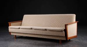 Sovesofa, teak og uldstof, dansk møbelproducent
