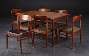 Otte spisestole samt spisebord, teak, uld og skai, 1960erne, dansk møbeldesign 9