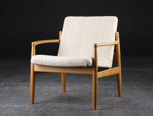 Lænestol, eg og uld, 1960erne, skandinavisk møbeldesign