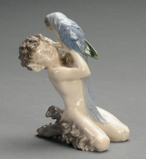 Royal Copenhagen. Figur af porcelæn, Faun med papegøje nr. 752 