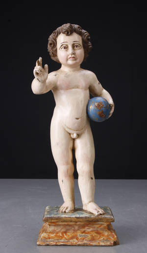 Italiensk figur af bemalt træ i form af putto, 1800-tallet