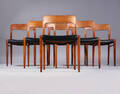Niels O. Møller. Sæt på seks spisestole, teaktræ, model 75. 6 