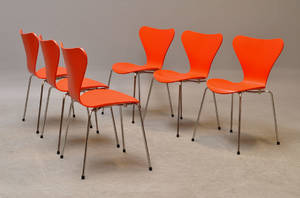 Arne Jacobsen. Seks Syver stole, model 3107, laseret eg 6