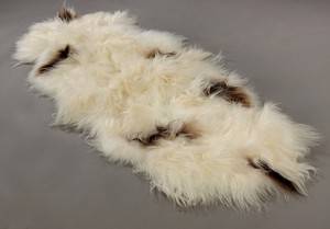 Økologisk Islandsk forligger, fåreskind - long wool. Farve Hvid med sortbrune spots