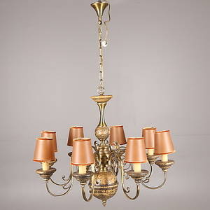 TAKLAMPA, patinerat trägulmetall, 8 ljusarmar, höjd 61 cm, 1900-talets slut.