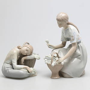  FIGURINER, 2 st, porslin, flickor, Lladro, Spanien.