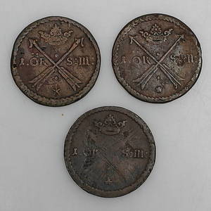  MYNT, 3 st, 1 öre sm, koppar, Karl XI, 1600-tal.