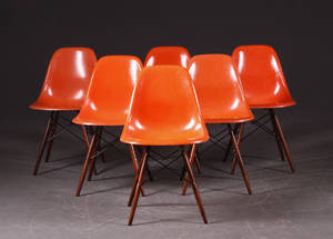 Charles Eames 1907- 1978. Sæt på seks skalstole, orange 6