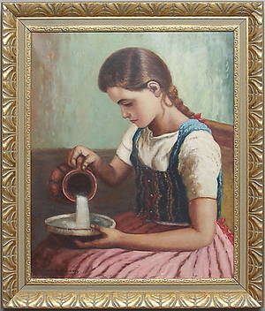  ÖSTEUROPEISK KONSTNÄR. Flicka med tillbringare och skål. Olja på duk, signerad Rózsa K.