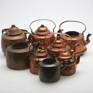KAFFEKANNOR, 8 st, koppar, 181900-tal.