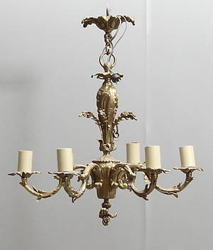  TAKLAMPA, 6 st ljusarmar, gulmetall, 1900-tal.
